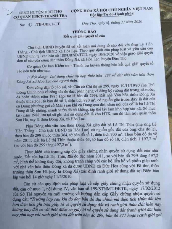 Ủy ban Kiểm tra - Thanh tra UBND huyện Đức Thọ kết luận chỉ ra hàng loạt sai phạm đối với ông Lê Tiến Thắng - Chủ tịch UBND xã Hòa Lạc
