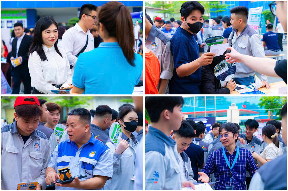 Các em sinh viên HNIVC hào hứng tìm hiểu các vị trí việc làm đang được các doanh nghiệp đón đầu tuyển dụng.